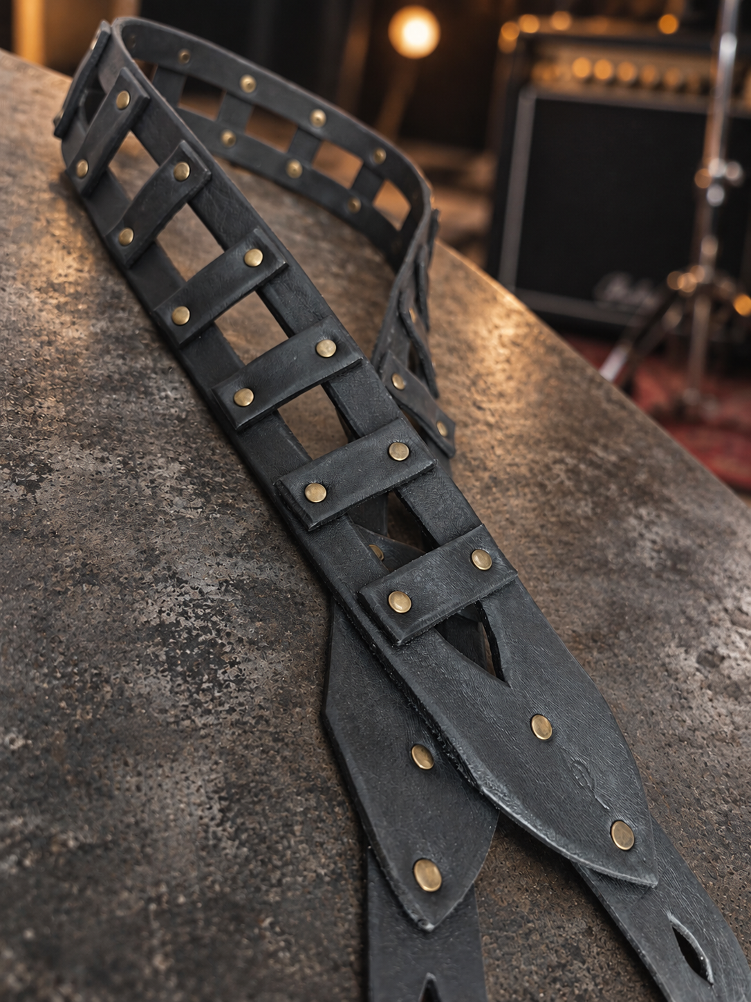 Black Leather Guitar Strap with Brass Rivets - Personalized Musician Gift