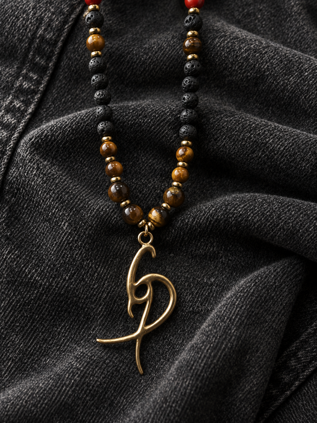 Men’s Black & Brown Beaded Necklace with Red Accents and Gold-Tone Pendant