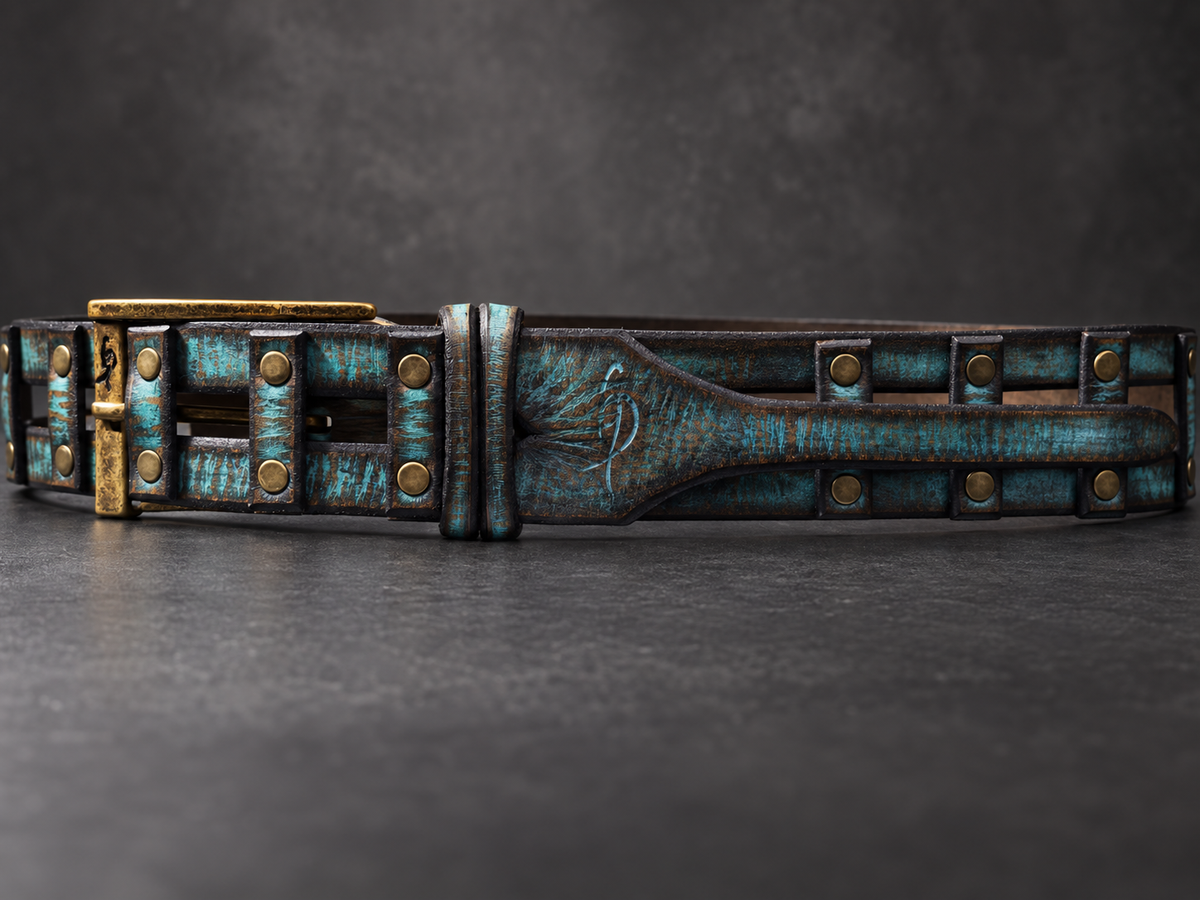 Handcrafted Distressed Turquoise & Brown Leather Belt for Men – Riveted Vintage Designer Belt by ISHAOR