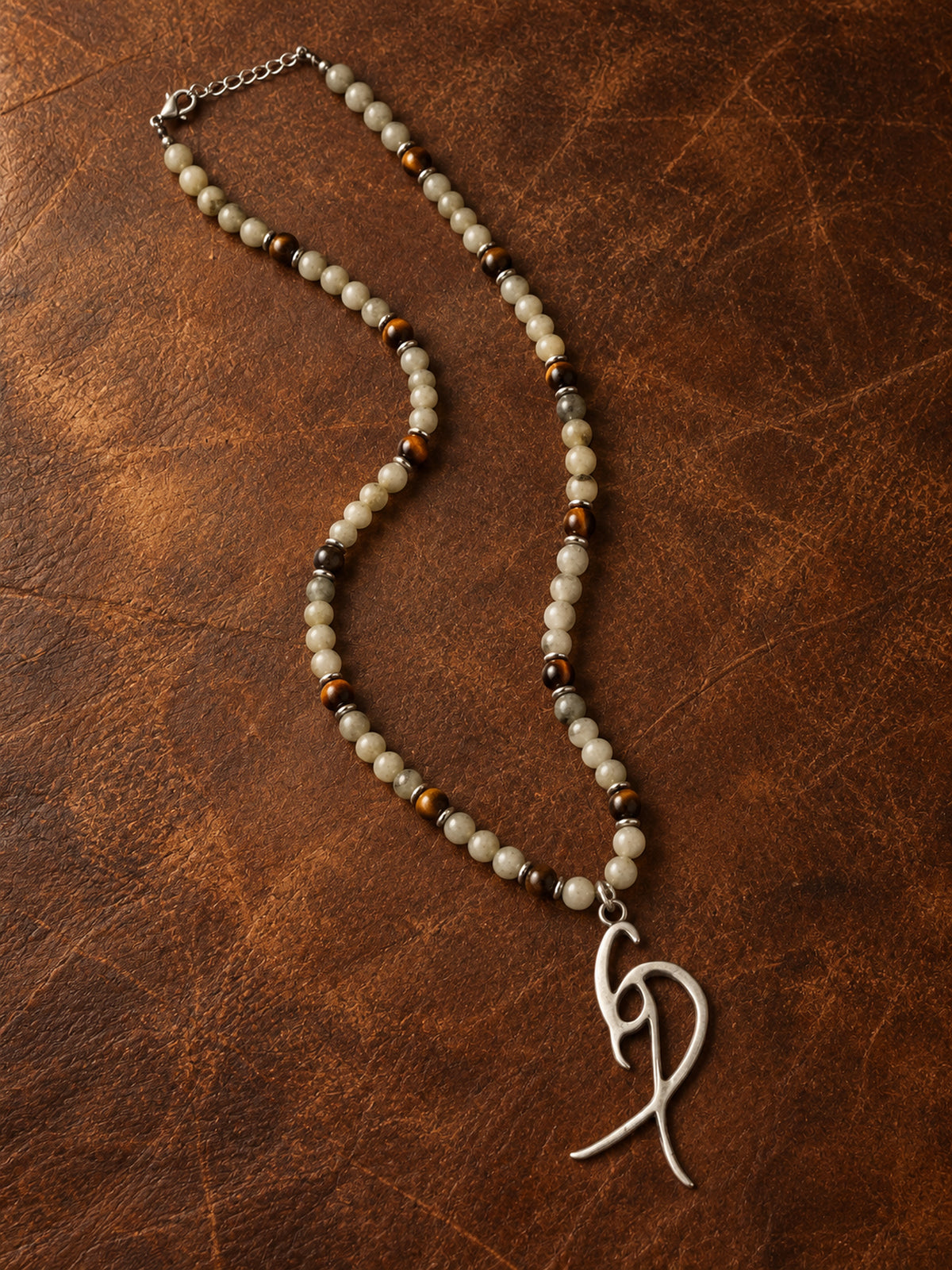 Men’s Cream & Brown Beaded Necklace with Signature Silver-Tone Pendant