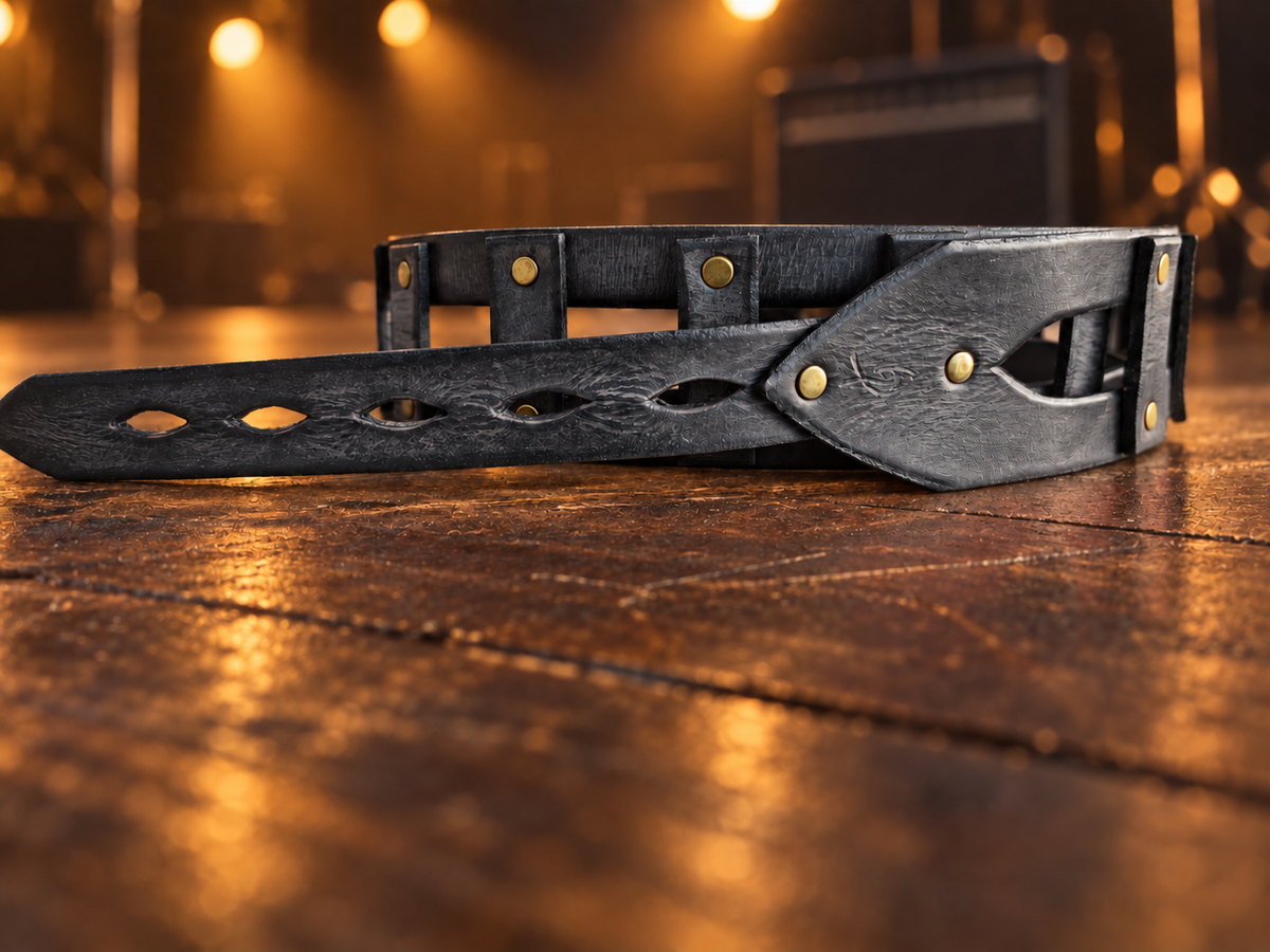 Black Leather Guitar Strap with Brass Rivets - Personalized Musician Gift