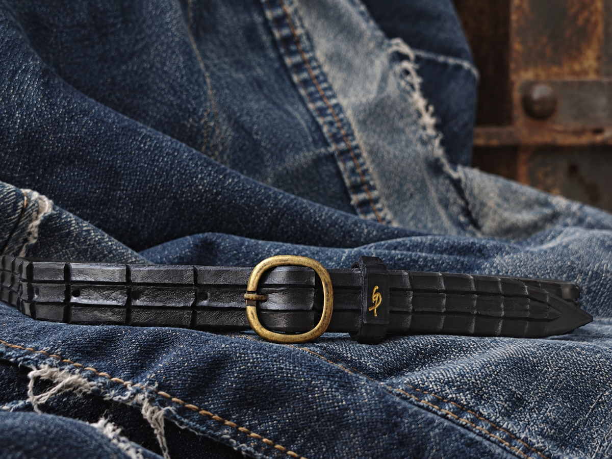 Women's Handmade Black Leather Belt – Crocodile-Inspired Carved Texture – Artisan Belt