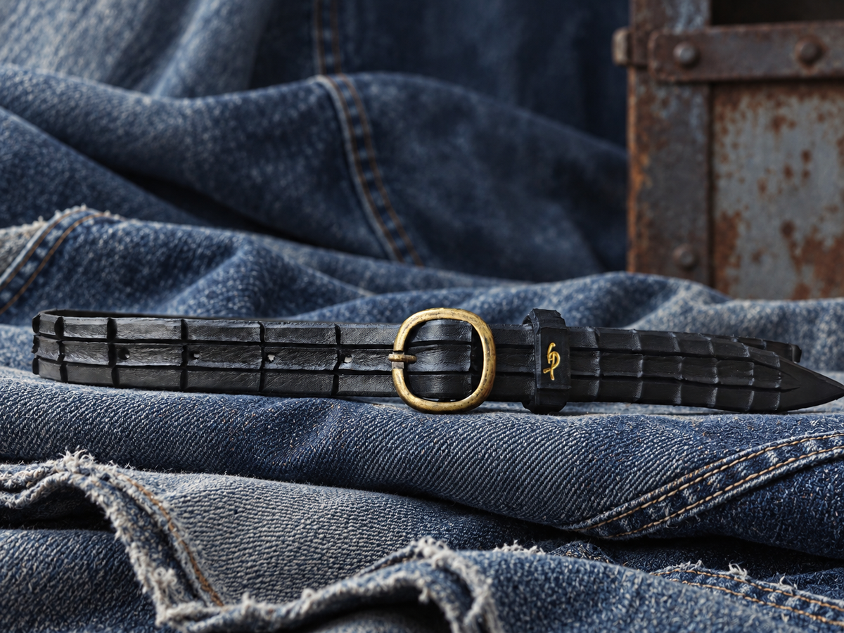 Women's Handmade Black Leather Belt – Crocodile-Inspired Carved Texture – Artisan Belt