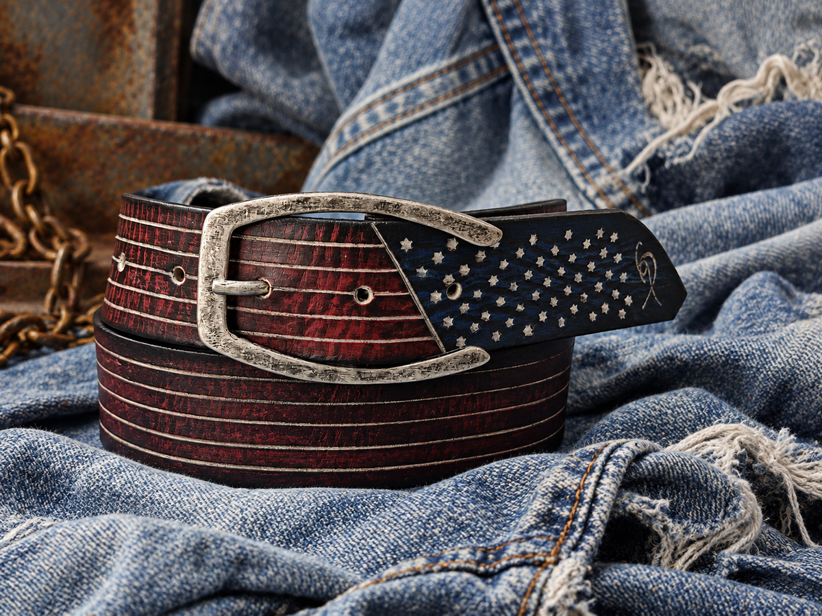 Handmade American Flag Leather Belt with Horseshoe Buckle - 42cm Wide Vintage Style for American Lovers