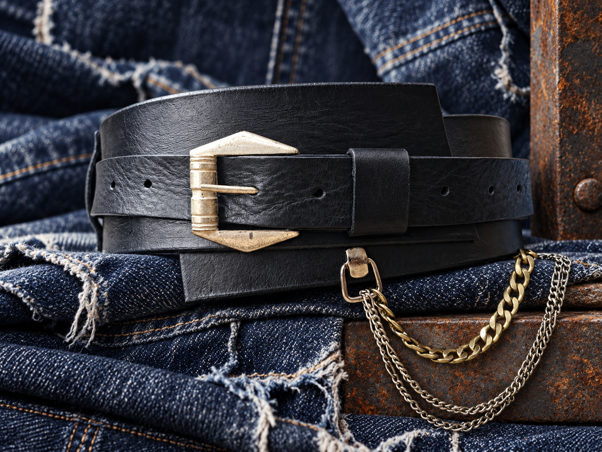 Convertible Black Leather Waist Belt with Gold-Tone Buckle & Layered Chains