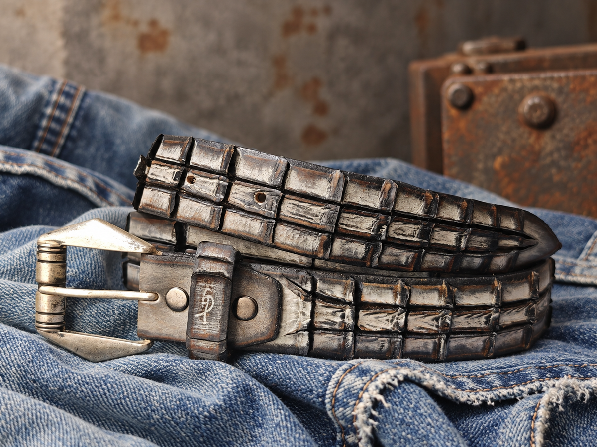Handmade Silver & Black Leather Belt – Crocodile-Inspired Carved Texture – Women’s Artisan Belt