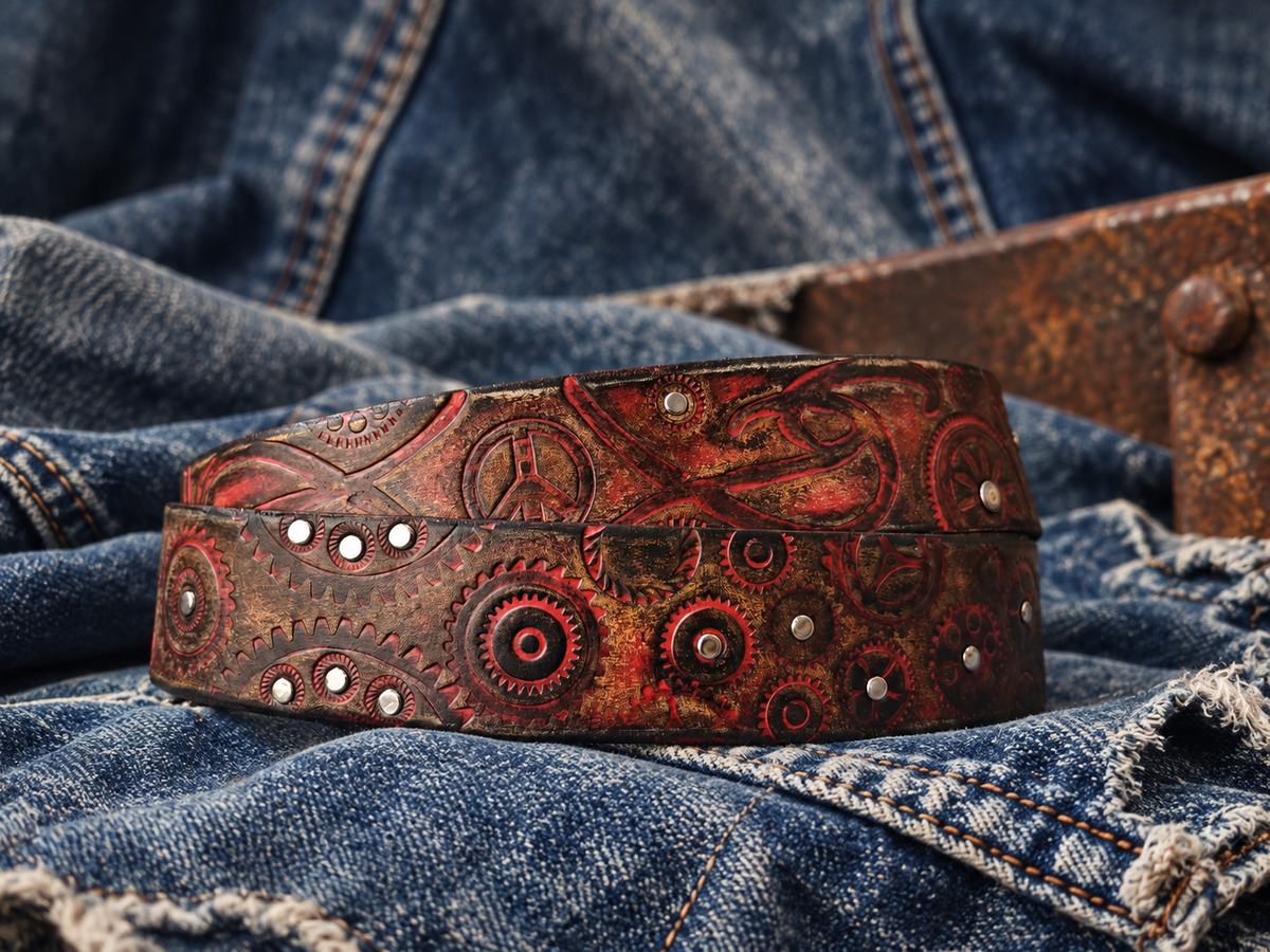 Handcrafted Red & Brown Leather Biker Belt with Motorcycle Gear Design, Silver Studs & Statement Buckle