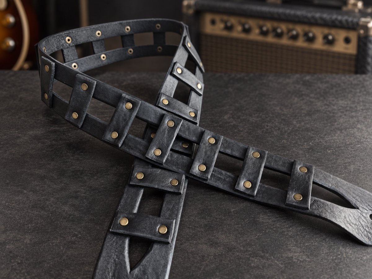 Black Leather Guitar Strap with Brass Rivets - Personalized Musician Gift