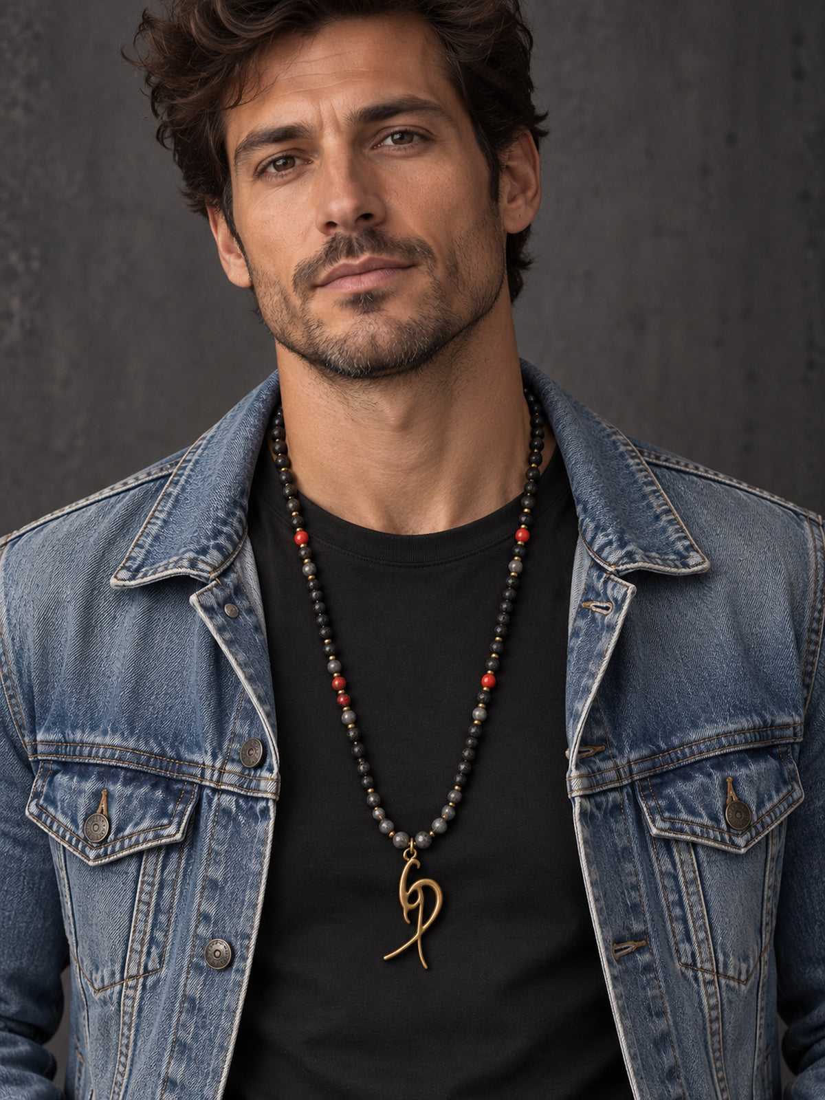 Men’s Black Beaded Necklace with Red Accents & Signature Gold-Tone Pendant