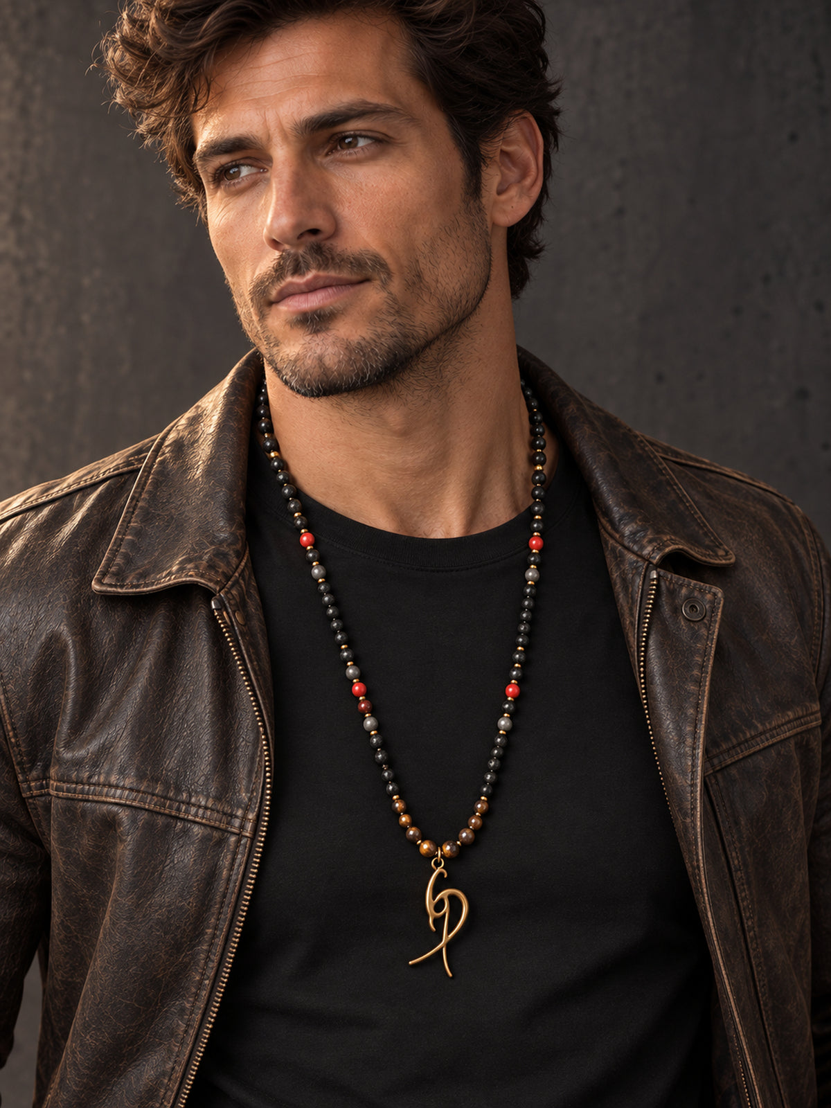 Men’s Black & Brown Beaded Necklace with Red Accents and Gold-Tone Pendant