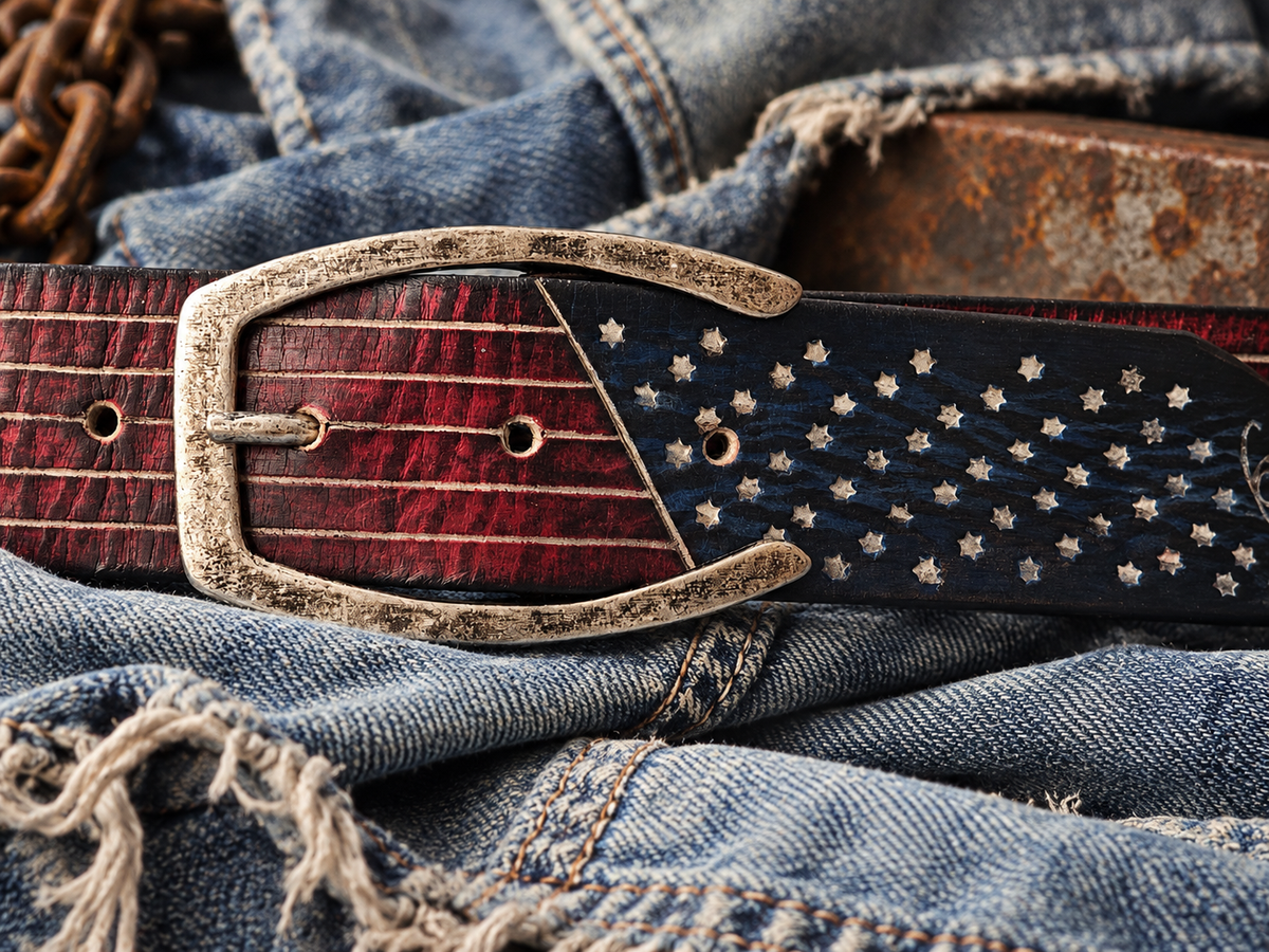Handmade American Flag Leather Belt with Horseshoe Buckle - 42cm Wide Vintage Style for American Lovers