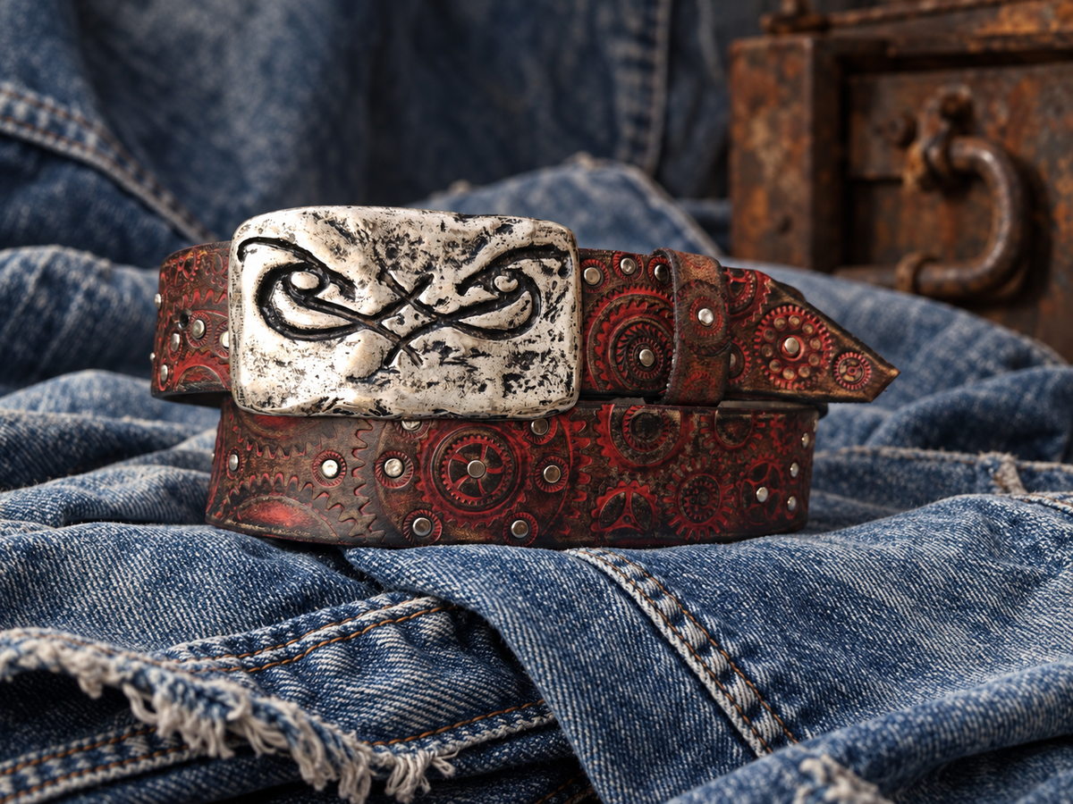Handcrafted Red & Brown Leather Biker Belt with Motorcycle Gear Design, Silver Studs & Statement Buckle