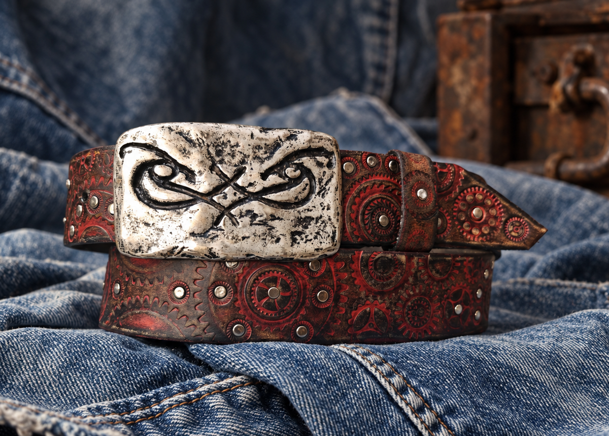Handcrafted Red & Brown Leather Biker Belt with Motorcycle Gear Design, Silver Studs & Statement Buckle