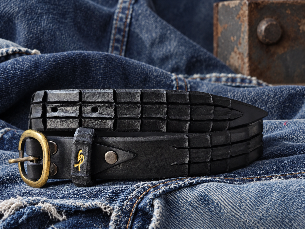 Women's Handmade Black Leather Belt – Crocodile-Inspired Carved Texture – Artisan Belt