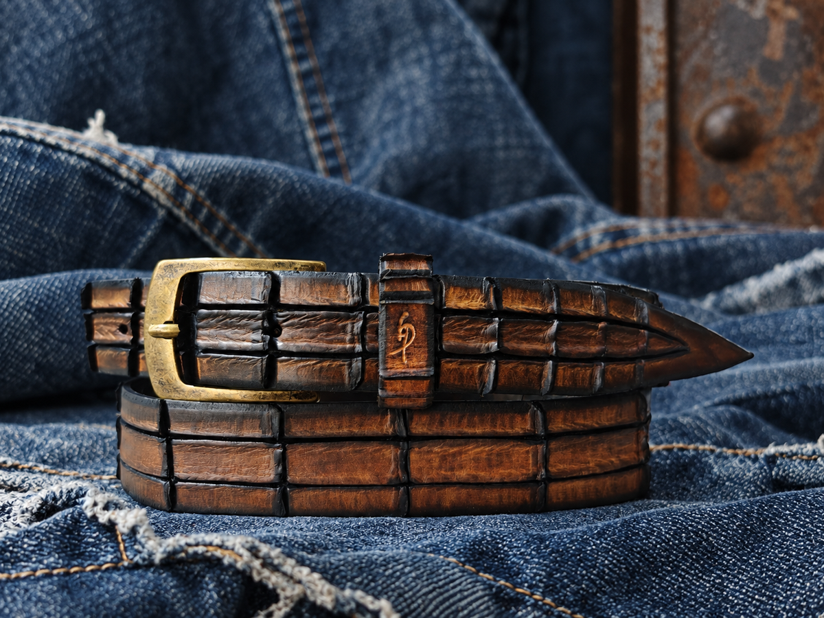 Handmade Brown Leather Belt – Hand-Carved Crocodile-Inspired Texture – Artisan Leather Belt