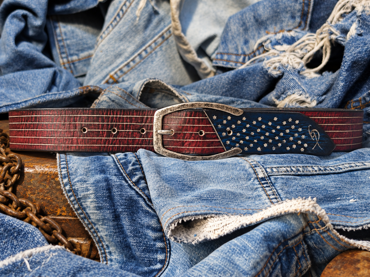 Handmade American Flag Leather Belt with Horseshoe Buckle - 42cm Wide Vintage Style for American Lovers