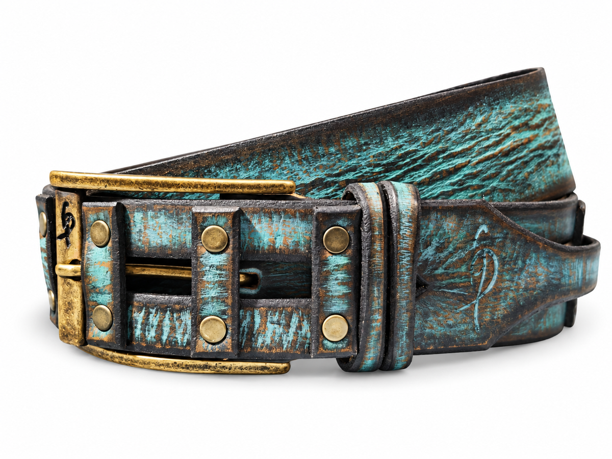 Handcrafted Distressed Turquoise & Brown Leather Belt for Men – Riveted Vintage Designer Belt by ISHAOR