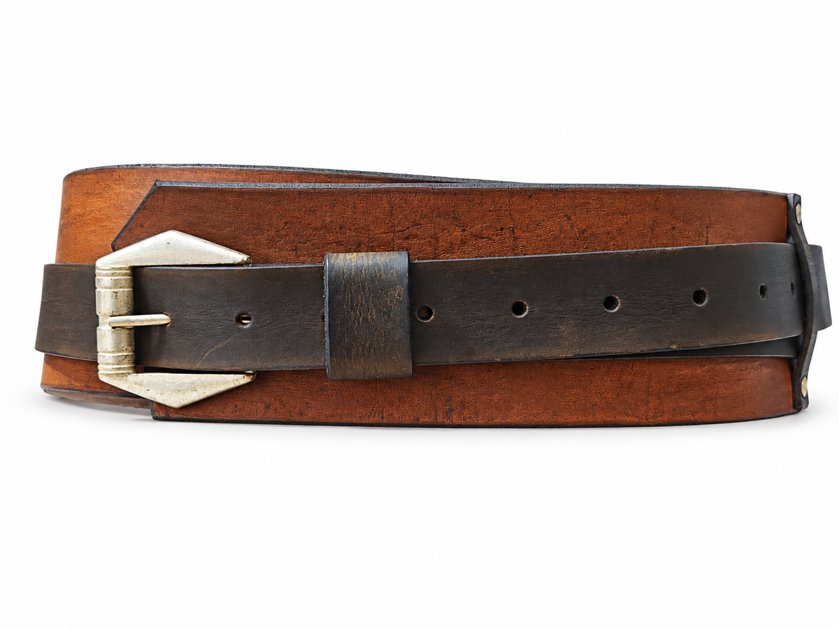 Convertible Brown & Dark Brown Leather Waist Belt with Antique Gold-Tone Buckle