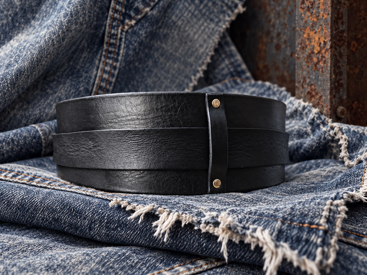 Convertible Black Leather Waist Belt with Gold-Tone Buckle & Layered Chains
