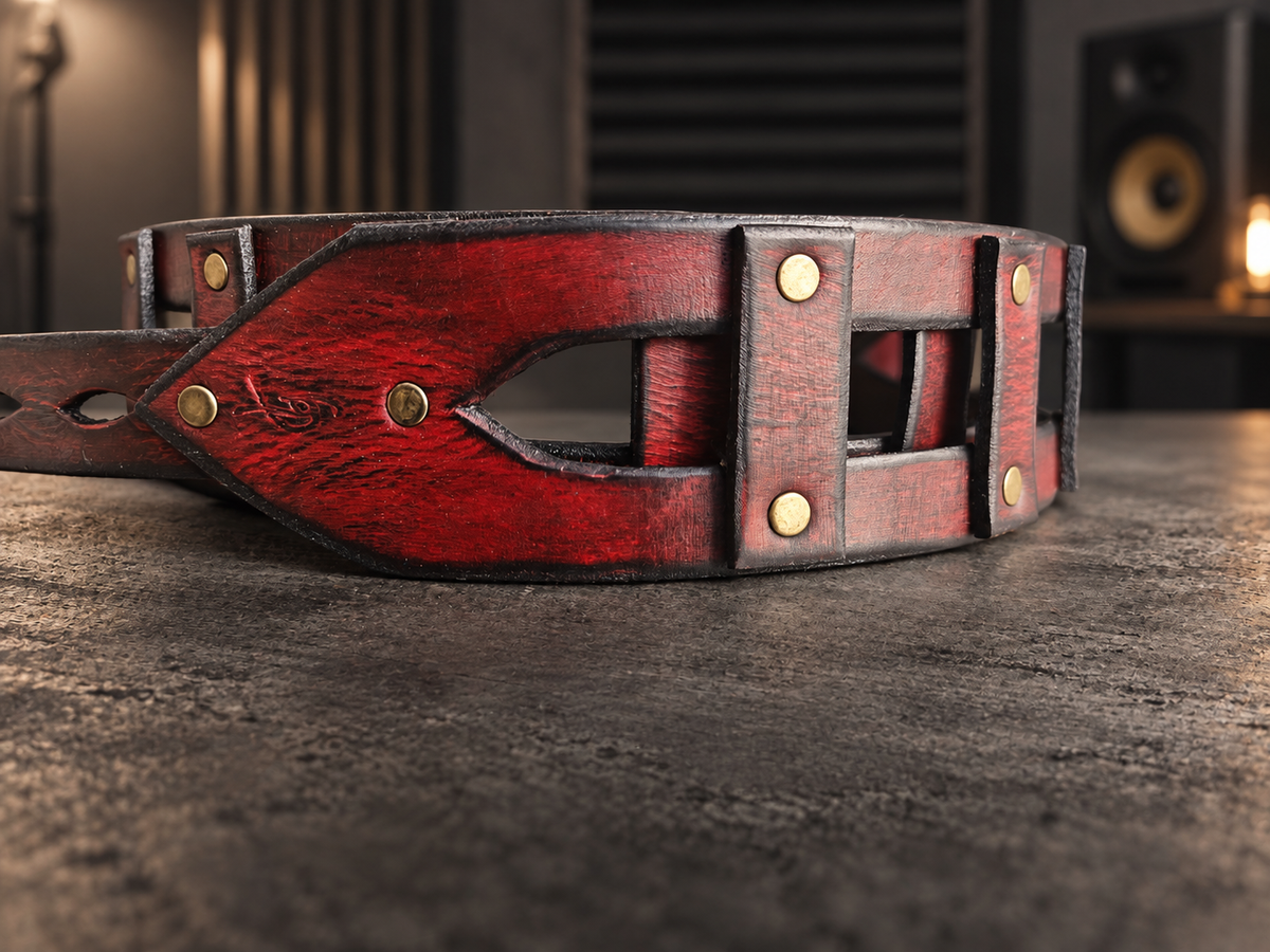 Red Leather Guitar Strap with Brass Rivets - Personalized Musician Gift