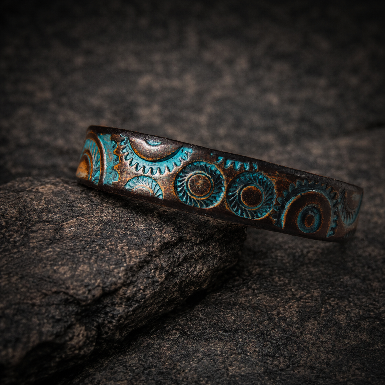 Handcrafted Steampunk Leather Bracelet - 1.5 cm Brown & Turquoise Motorcycle Gear Design by ISHAOR