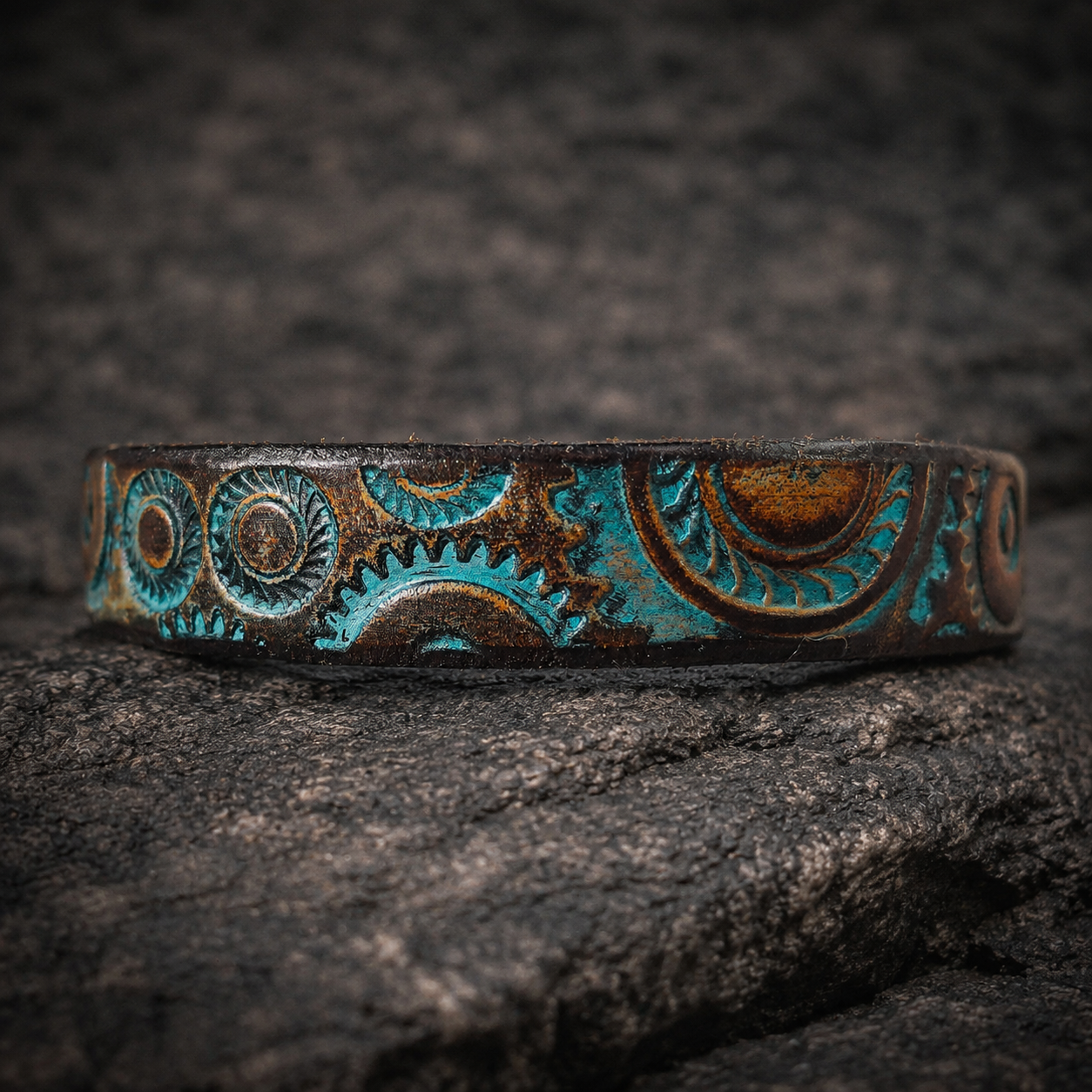 Handcrafted Steampunk Leather Bracelet - 1.5 cm Brown & Turquoise Motorcycle Gear Design by ISHAOR