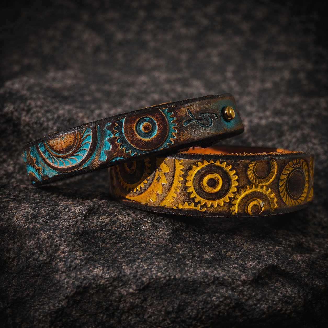 Handcrafted Steampunk Leather Bracelet - 1.5 cm Brown & Turquoise Motorcycle Gear Design by ISHAOR