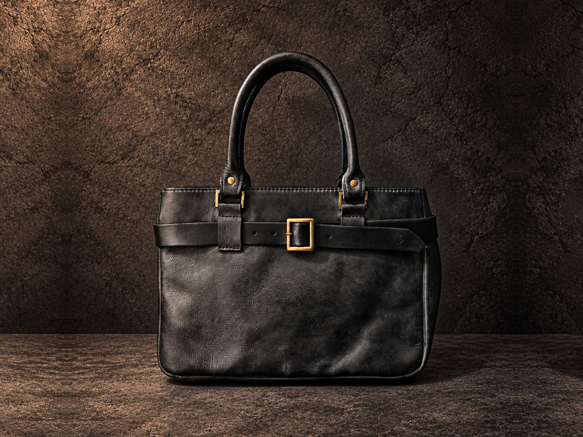 Small black hand-dyed leather handbag with removable belt and brass buckle – handmade ISHAOR