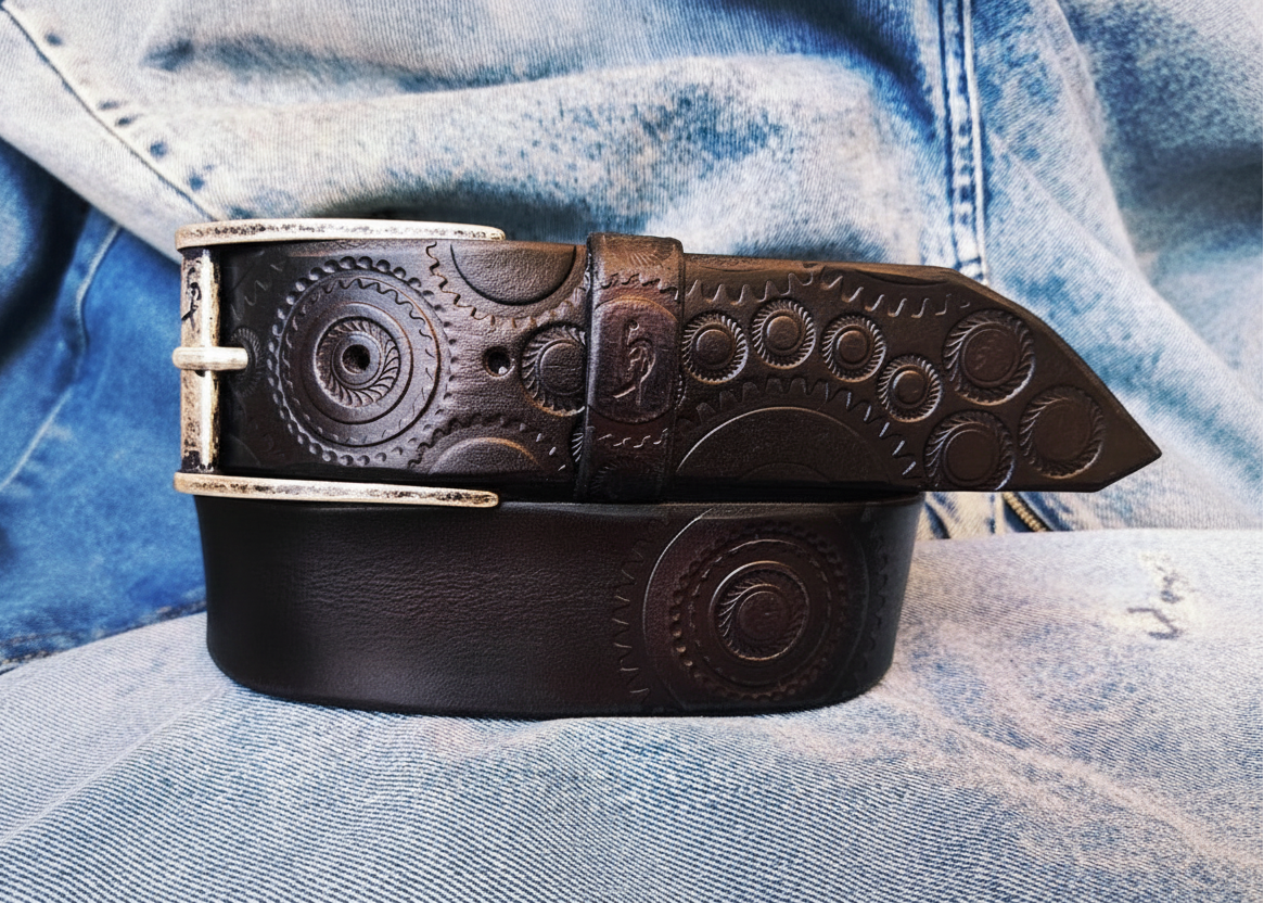 A handmade black leather belt embellished with stamps of motorcycle gear stunning belt for bikers the perfect gift for Motorcycle lovers
