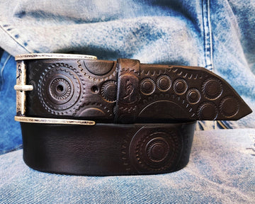 A handmade black leather belt embellished with stamps of motorcycle gear stunning belt for bikers the perfect gift for Motorcycle lovers