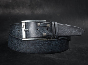 Rustic Black Leather Mens Belt - Wide Buckle Artisan Design - Unique and Stylish Mens Apparel and Accessory - Rocker Style