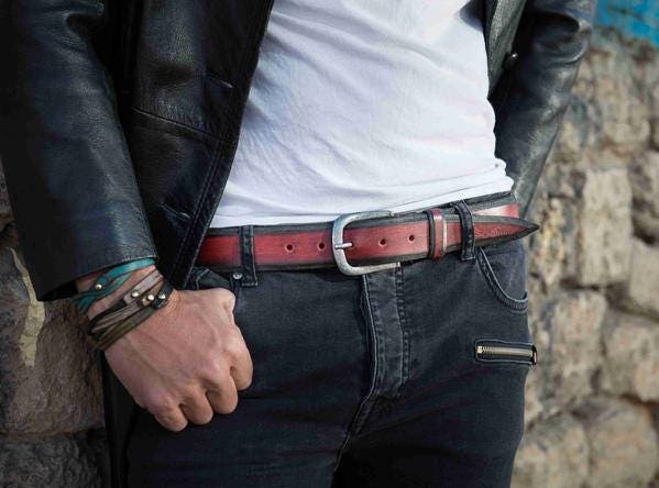 Mens Red Leather Belt - Unisex Vintage Style Accessory for Father or Him