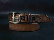 Ishaor Brown Leather Belt - Mens Buckle Art Design - Original Fashion Piece