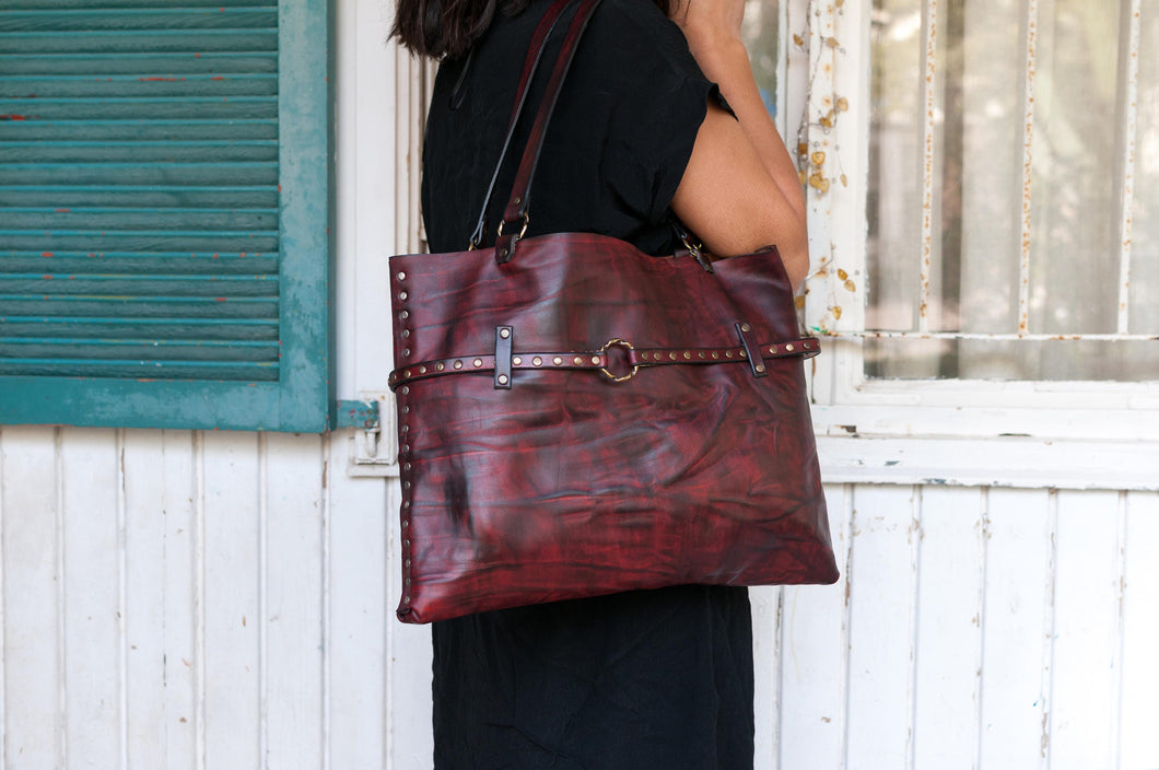 Red Leather Tote Bag - Customizable Unique Gift for Her