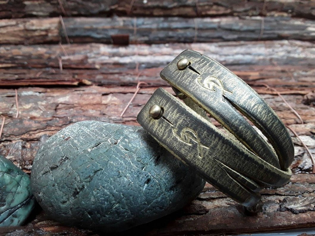 Mens Leather Cuff Bracelet - Black Genuine Leather Wrap Bracelet