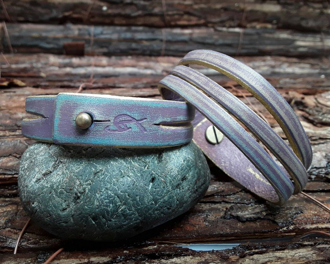 Mens Genuine Leather Cuff Bracelet - Purple Leather Wrap Bracelet