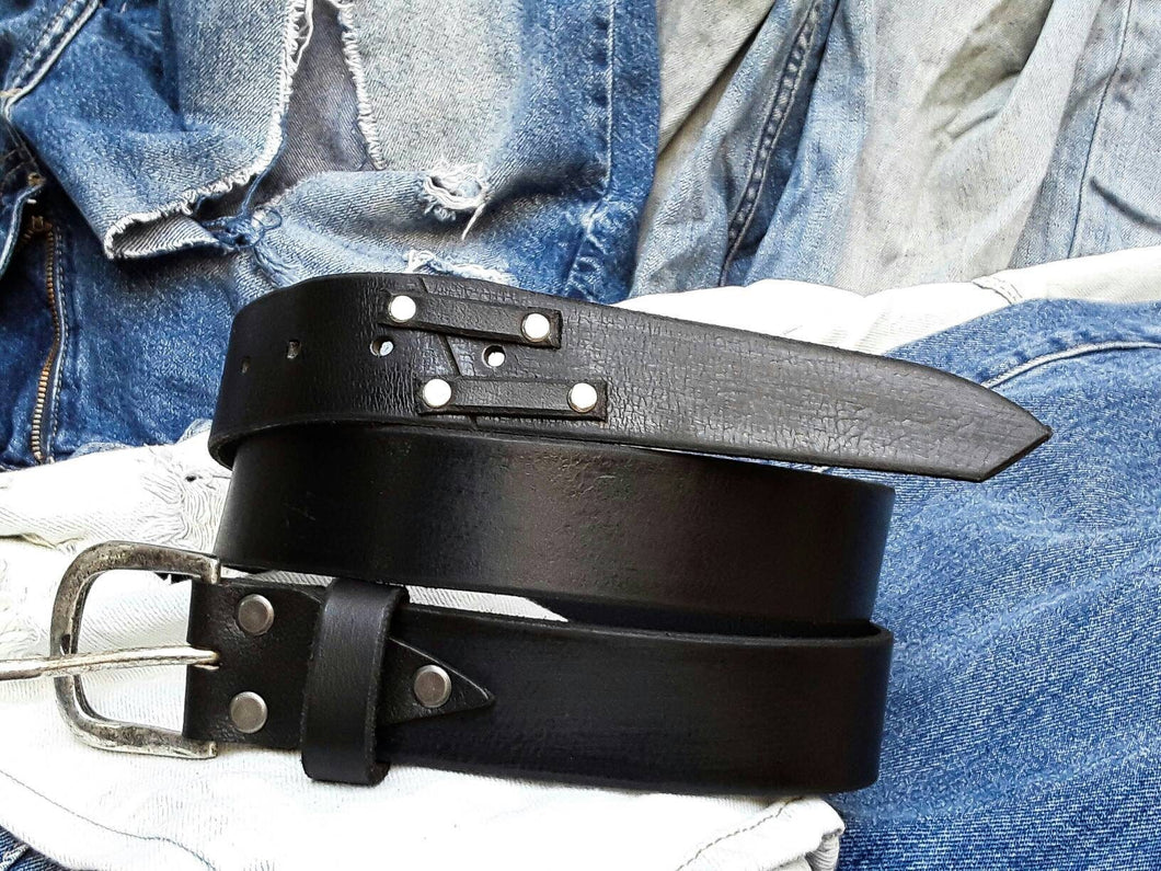 Unique Mens Black Leather Belt - Rustic Style Artisan Design - Wide Buckle - Quality Leather Accessories