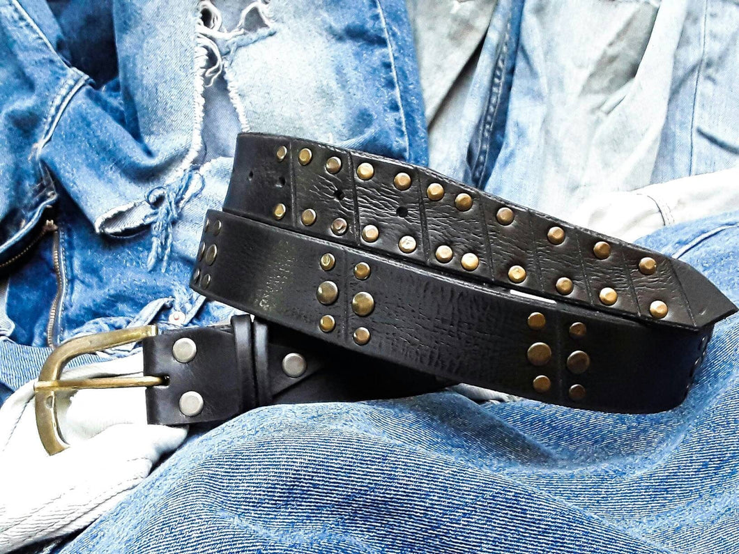 Unique Rustic Leather Mens Belt - Rocker Style Wide Buckle with Bronze Creative Rivets - Artisan Fashion Accessory