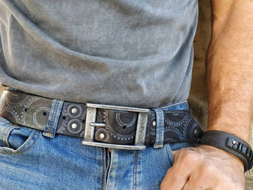 Brown Leather Bikers Belt - Steampunk Style - Ishaor - Embossed Gear Design