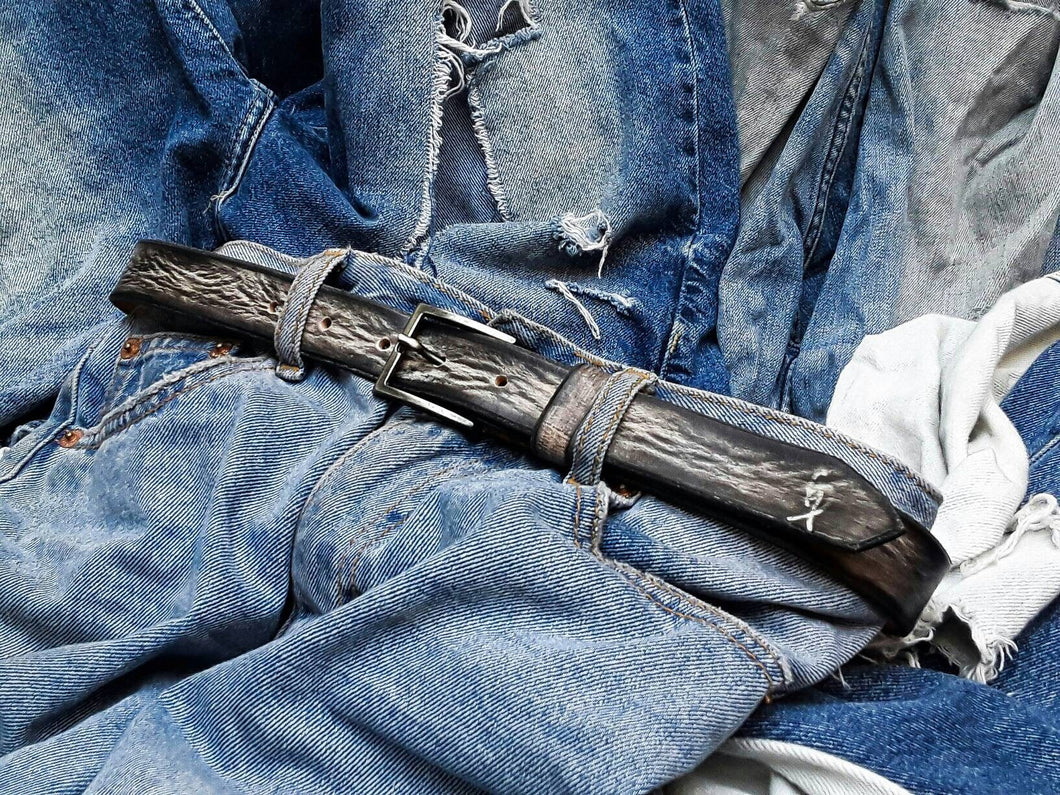 Grey Leather Belt with Silver Buckle - Artistic Unisex Accessory for Women - Unique Narrow Design