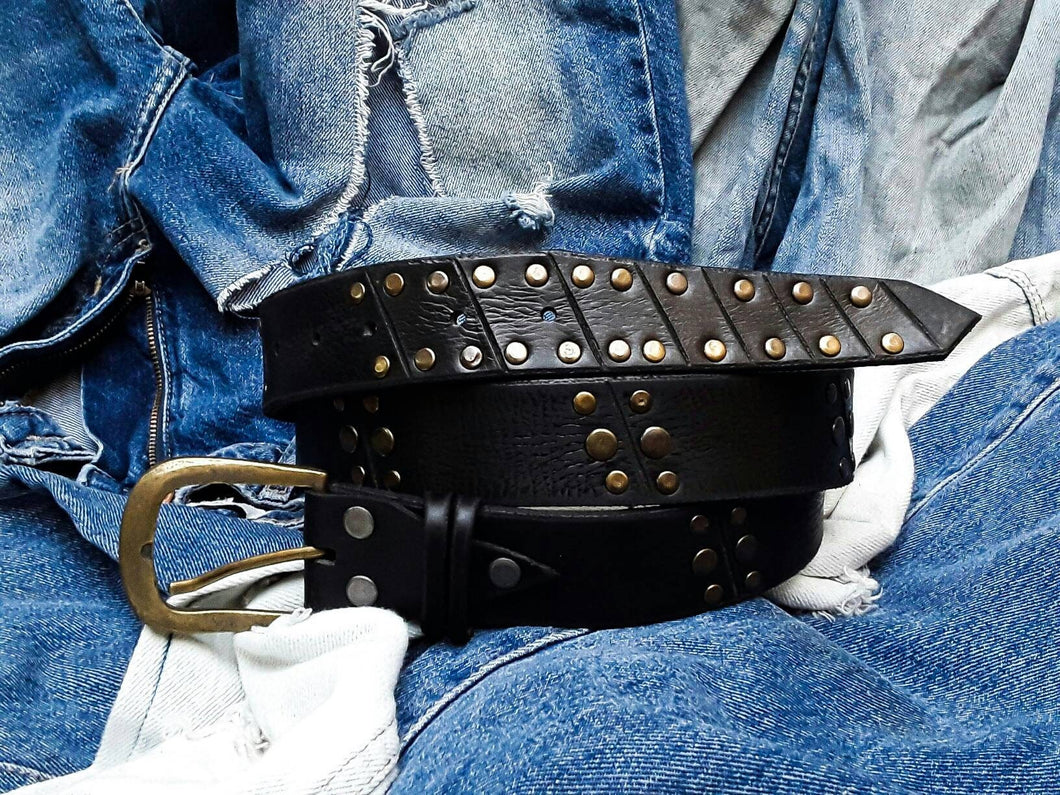 Unique Rustic Leather Mens Belt - Rocker Style Wide Buckle with Bronze Creative Rivets - Artisan Fashion Accessory