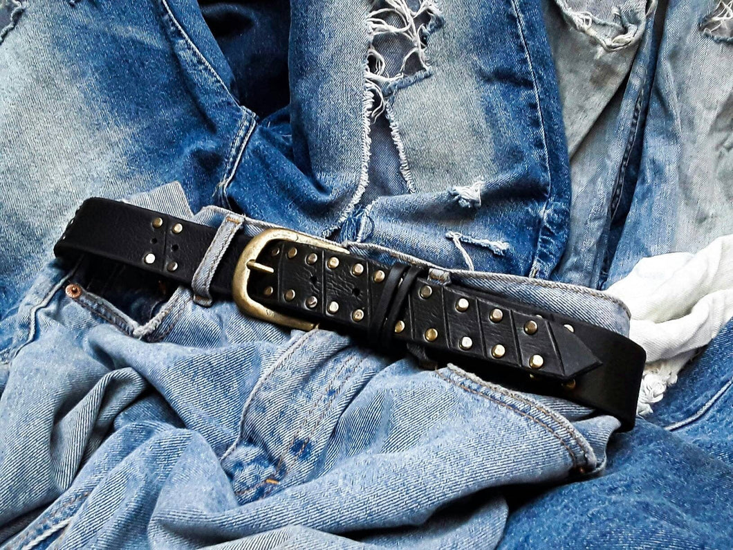 Unique Rustic Leather Mens Belt - Rocker Style Wide Buckle with Bronze Creative Rivets - Artisan Fashion Accessory