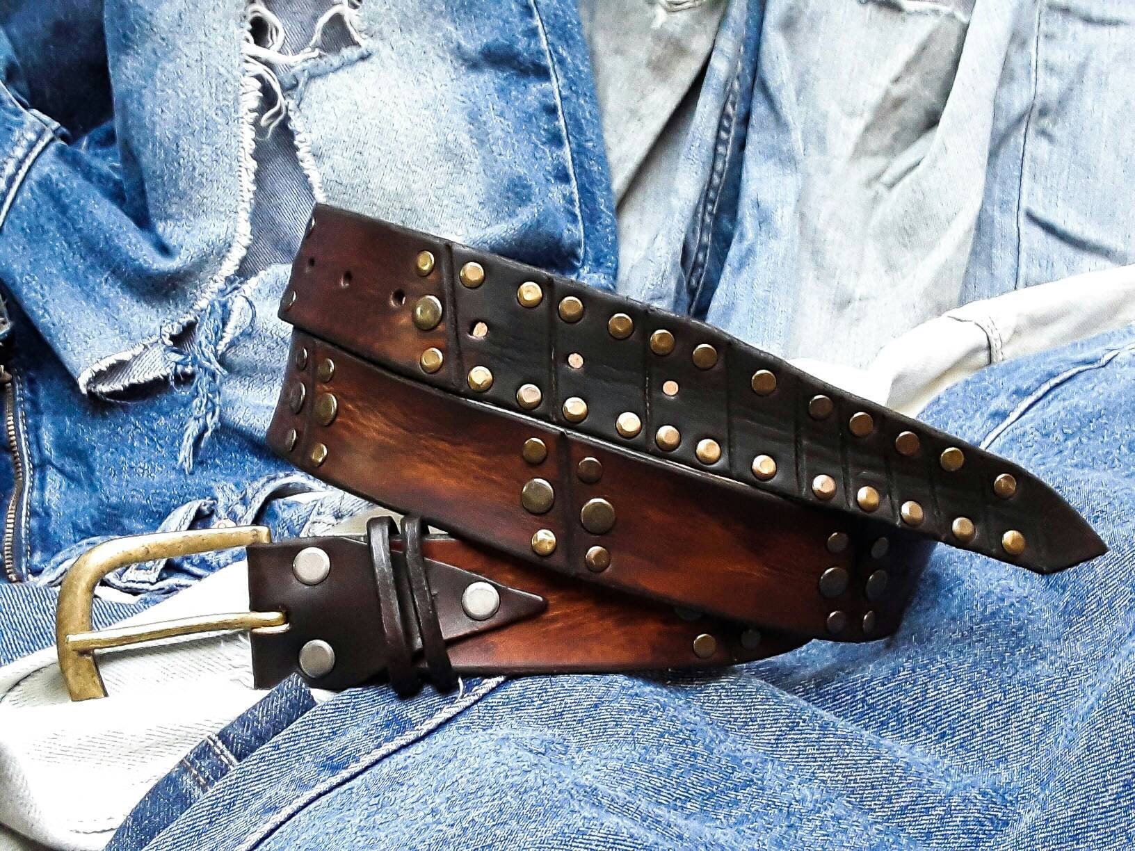 Unique Mens Leather Belt - Rustic Style Buckle Artisan Handcrafted - Custom Brown Apparel Accessory