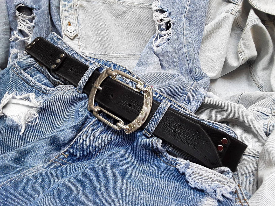 Steampunk Black Leather Belt with Silver Rivets and Unique Buckle - Mens Accessory