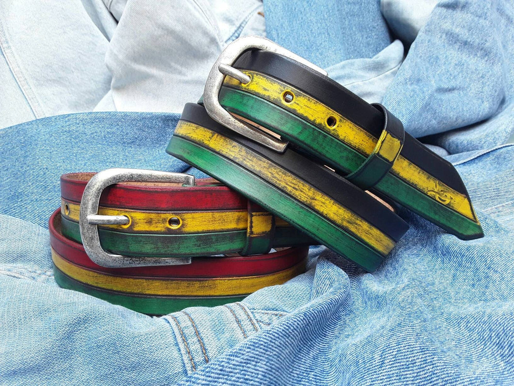 Custom Leather Belt - Black Green Yellow Square Buckle - Men's Women's Unisex Rastafarian Style - Handcrafted Full Grain Leather -