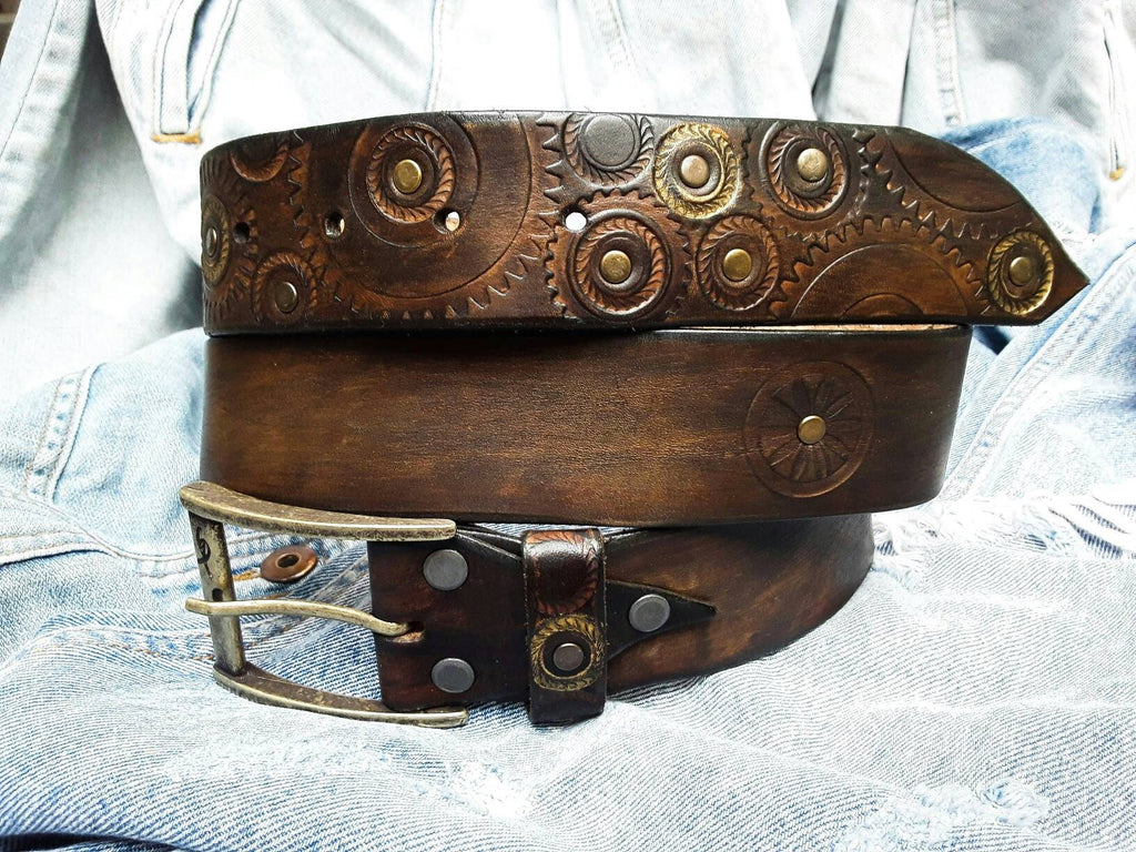 Dark Leather Belt - Unique Rustic Style for Mens Fashion - Artisan Buc ...