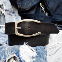 Personalized Black Leather Belt with Silver Horse Shoe Buckle - Perfect Gift Option