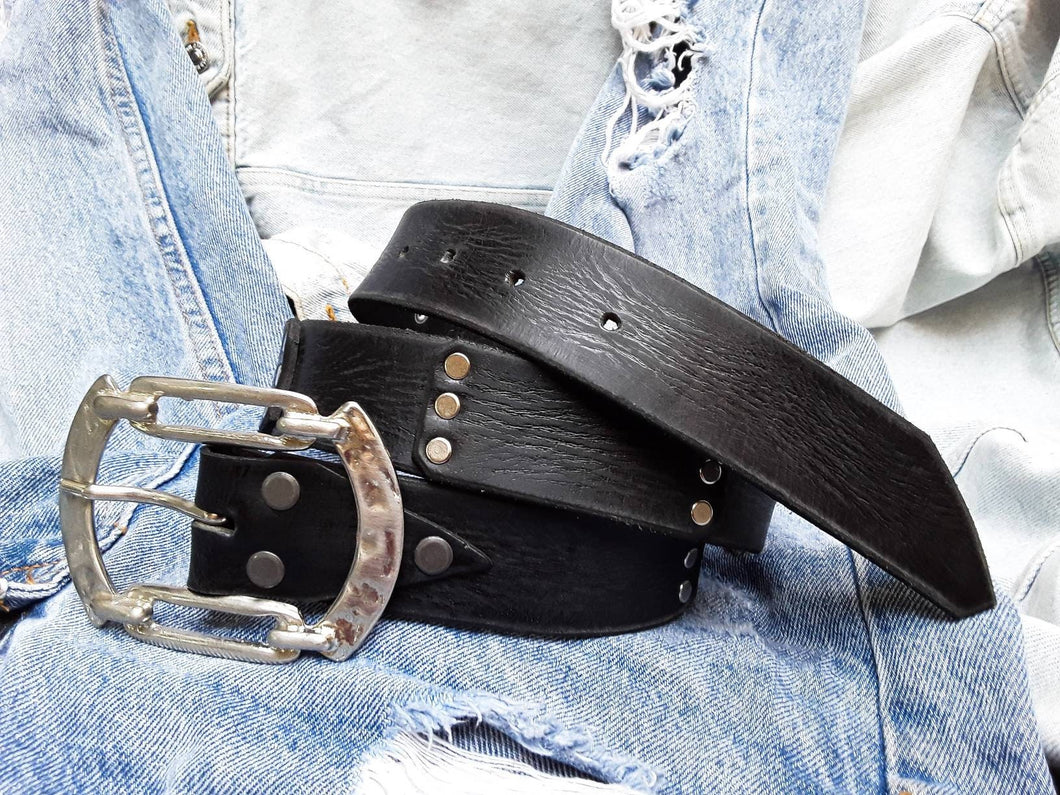 Steampunk Black Leather Belt with Silver Rivets and Unique Buckle - Mens Accessory