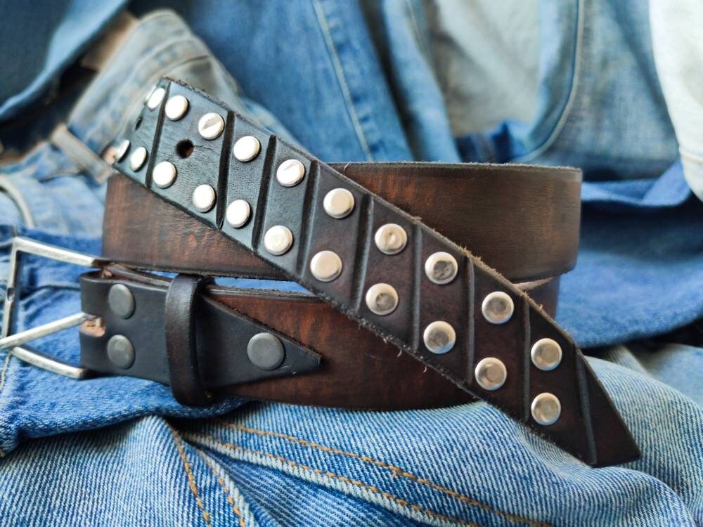 Original Ishaor Leather Dark Brown 3 cm Jeans Belt for Women - Rivetted Brown Leather Steam Punk Belt - Narrow Jeans Belt