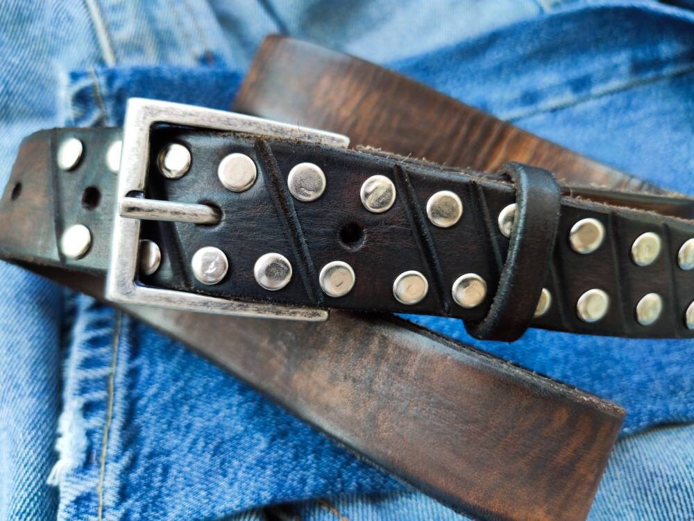 Original Ishaor Leather Dark Brown 3 cm Jeans Belt for Women - Rivetted Brown Leather Steam Punk Belt - Narrow Jeans Belt